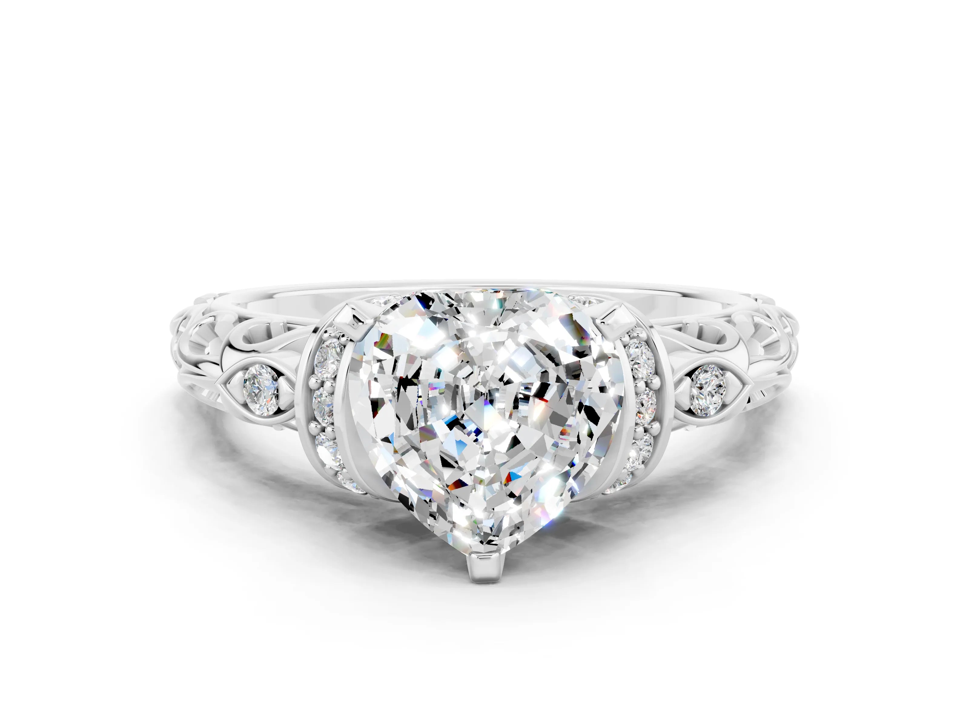 White gold Heart Cut Moissanite Solitaire Ring with Filigree Band and Four-Prong Setting_24