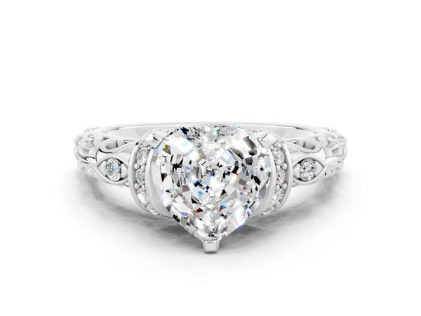 Silver Heart Cut Moissanite Solitaire Ring with Filigree Band and Four-Prong Setting