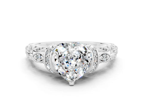 White gold Heart Cut Moissanite Solitaire Ring with Filigree Band and Four-Prong Setting_24