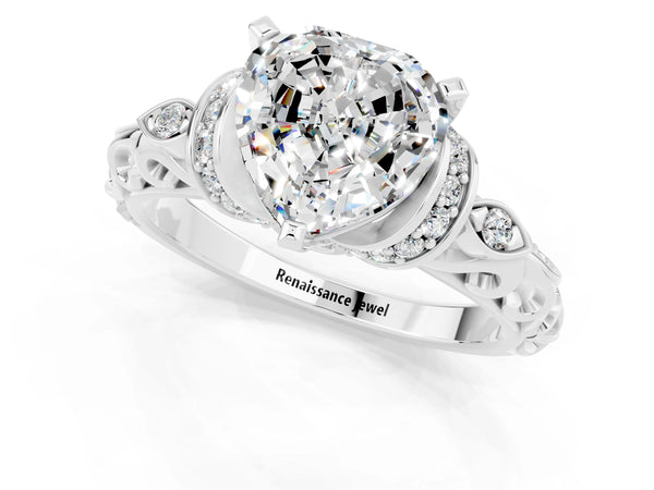 White gold Heart Cut Moissanite Solitaire Ring with Filigree Band and Four-Prong Setting