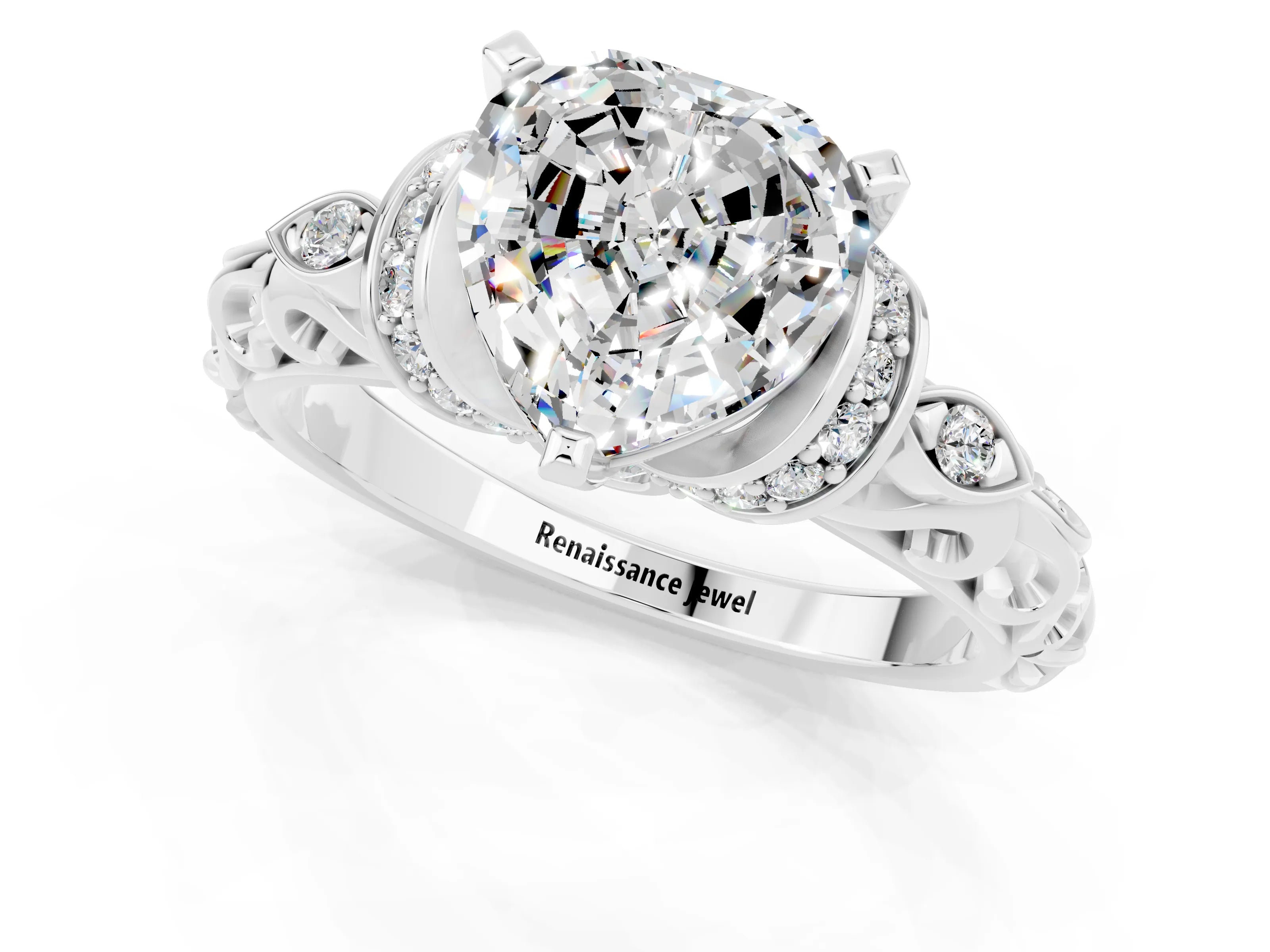 White gold Heart Cut Moissanite Solitaire Ring with Filigree Band and Four-Prong Setting_25