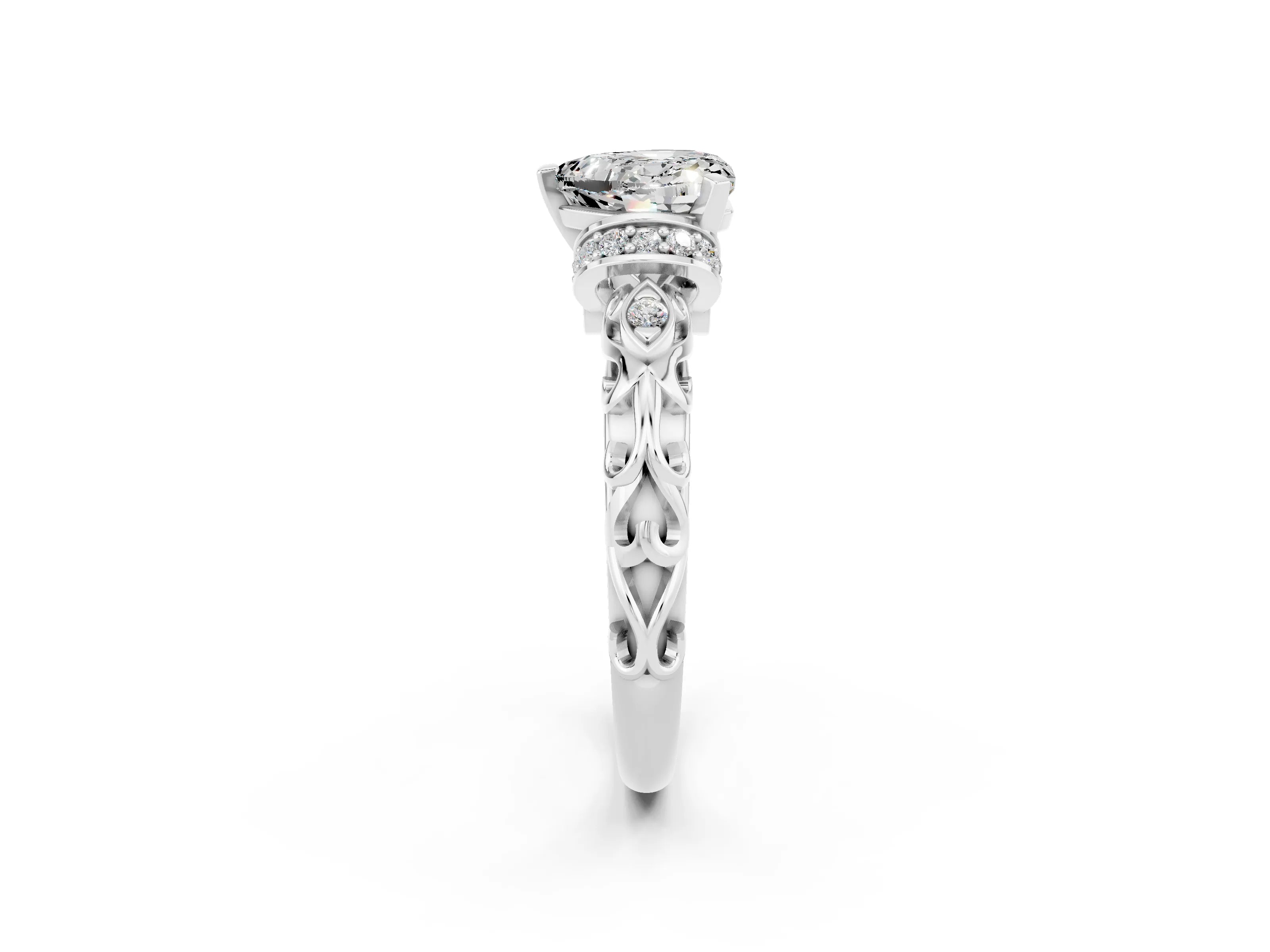 White gold Heart Cut Moissanite Solitaire Ring with Filigree Band and Four-Prong Setting_26