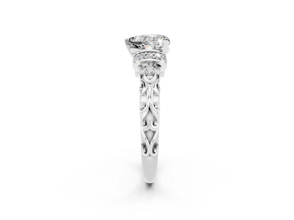 White gold Heart Cut Moissanite Solitaire Ring with Filigree Band and Four-Prong Setting