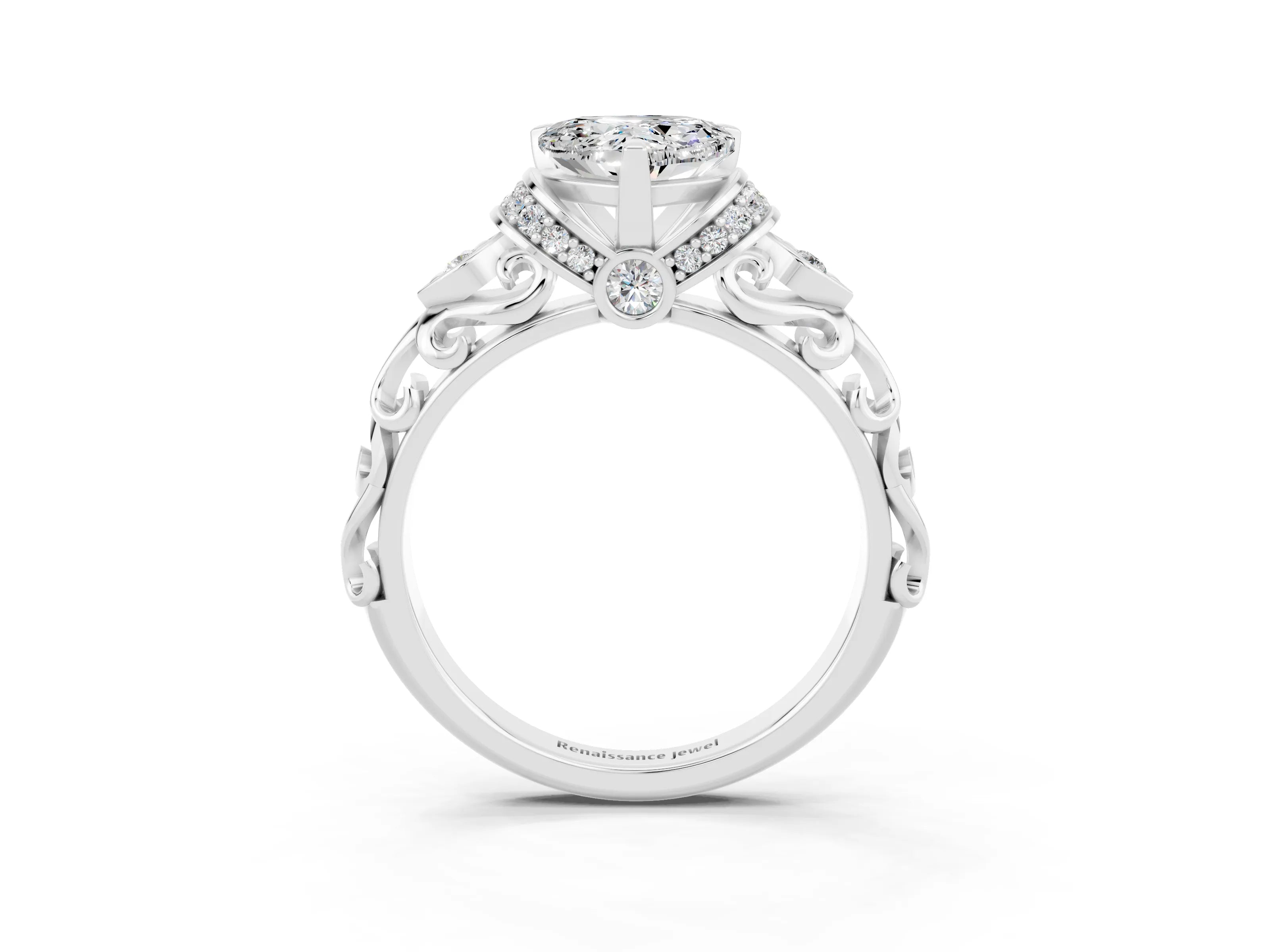 White gold Heart Cut Moissanite Solitaire Ring with Filigree Band and Four-Prong Setting_27