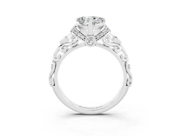 Platinum Heart Cut Moissanite Solitaire Ring with Filigree Band and Four-Prong Setting