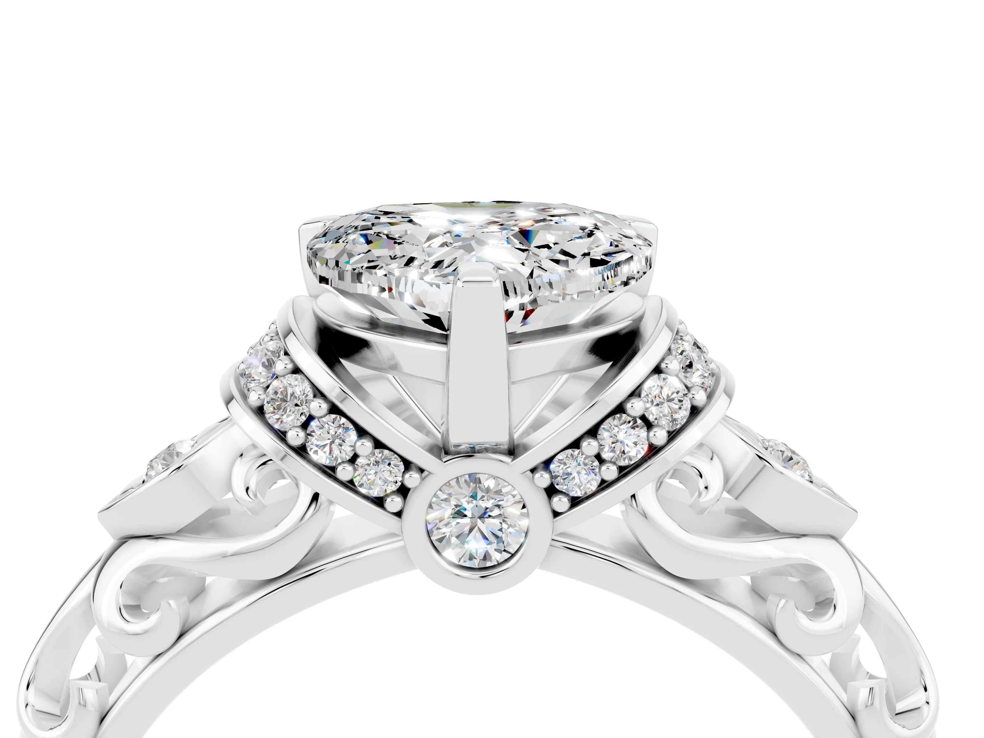 White gold Heart Cut Moissanite Solitaire Ring with Filigree Band and Four-Prong Setting_28