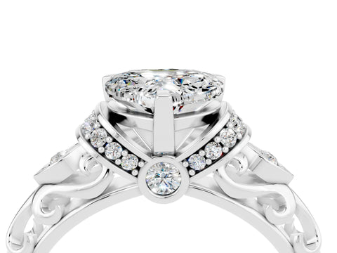 White gold Heart Cut Moissanite Solitaire Ring with Filigree Band and Four-Prong Setting_28