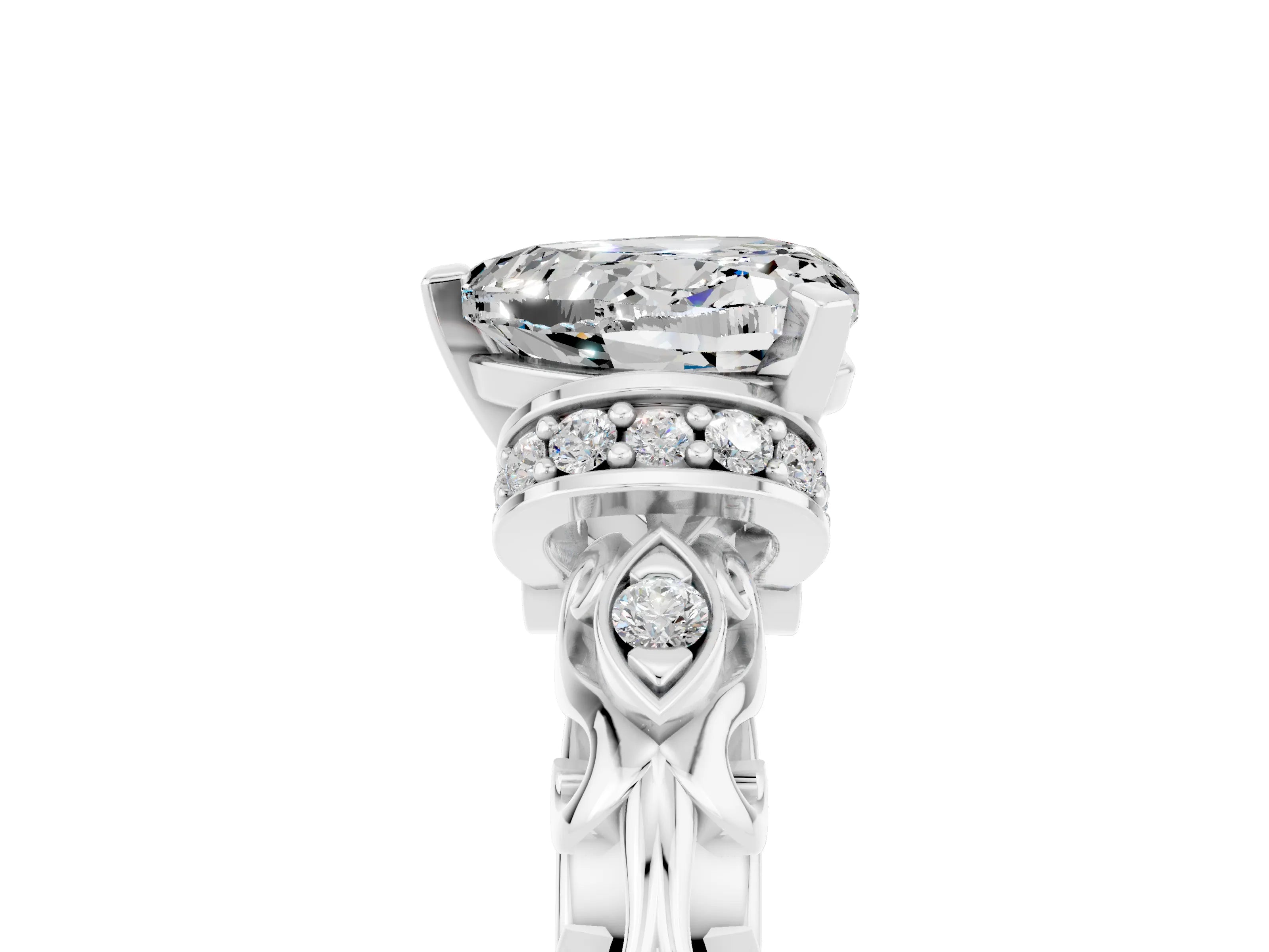 White gold Heart Cut Moissanite Solitaire Ring with Filigree Band and Four-Prong Setting_29