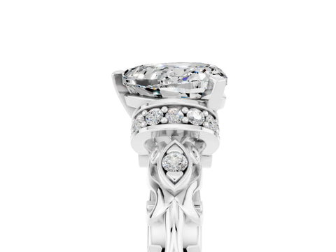 White gold Heart Cut Moissanite Solitaire Ring with Filigree Band and Four-Prong Setting_29