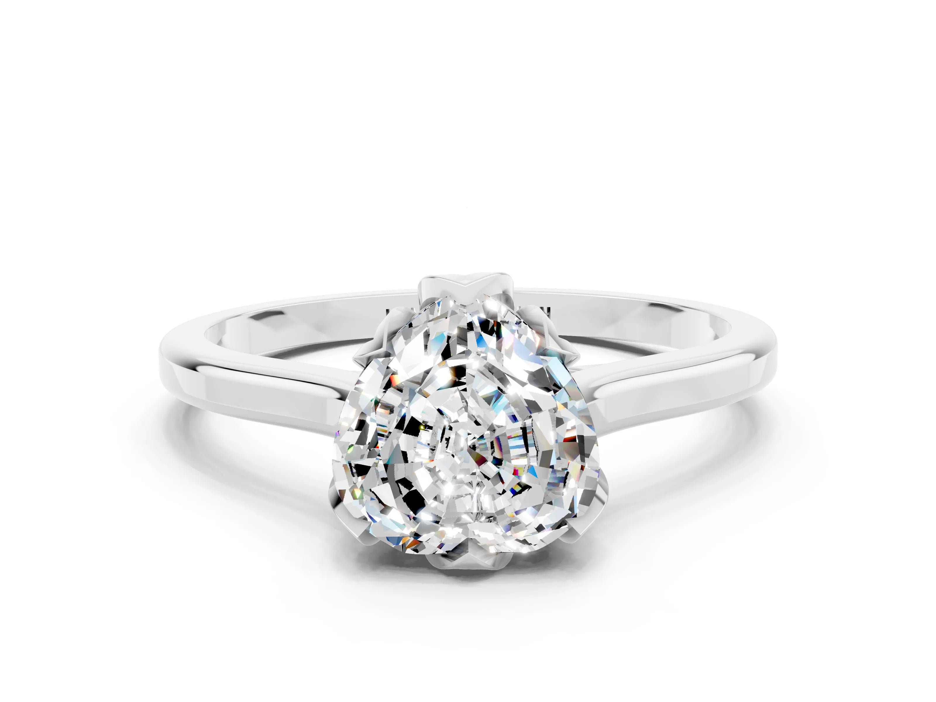 White gold Heart Cut Moissanite Solitaire Ring with Flower Prong Setting and Classic Band_24