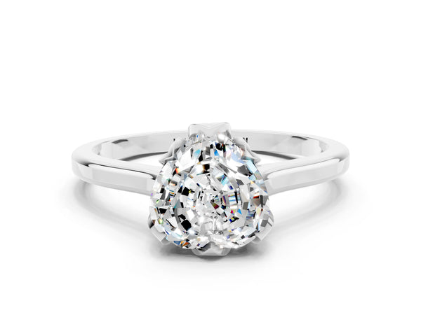White gold Heart Cut Moissanite Solitaire Ring with Flower Prong Setting and Classic Band