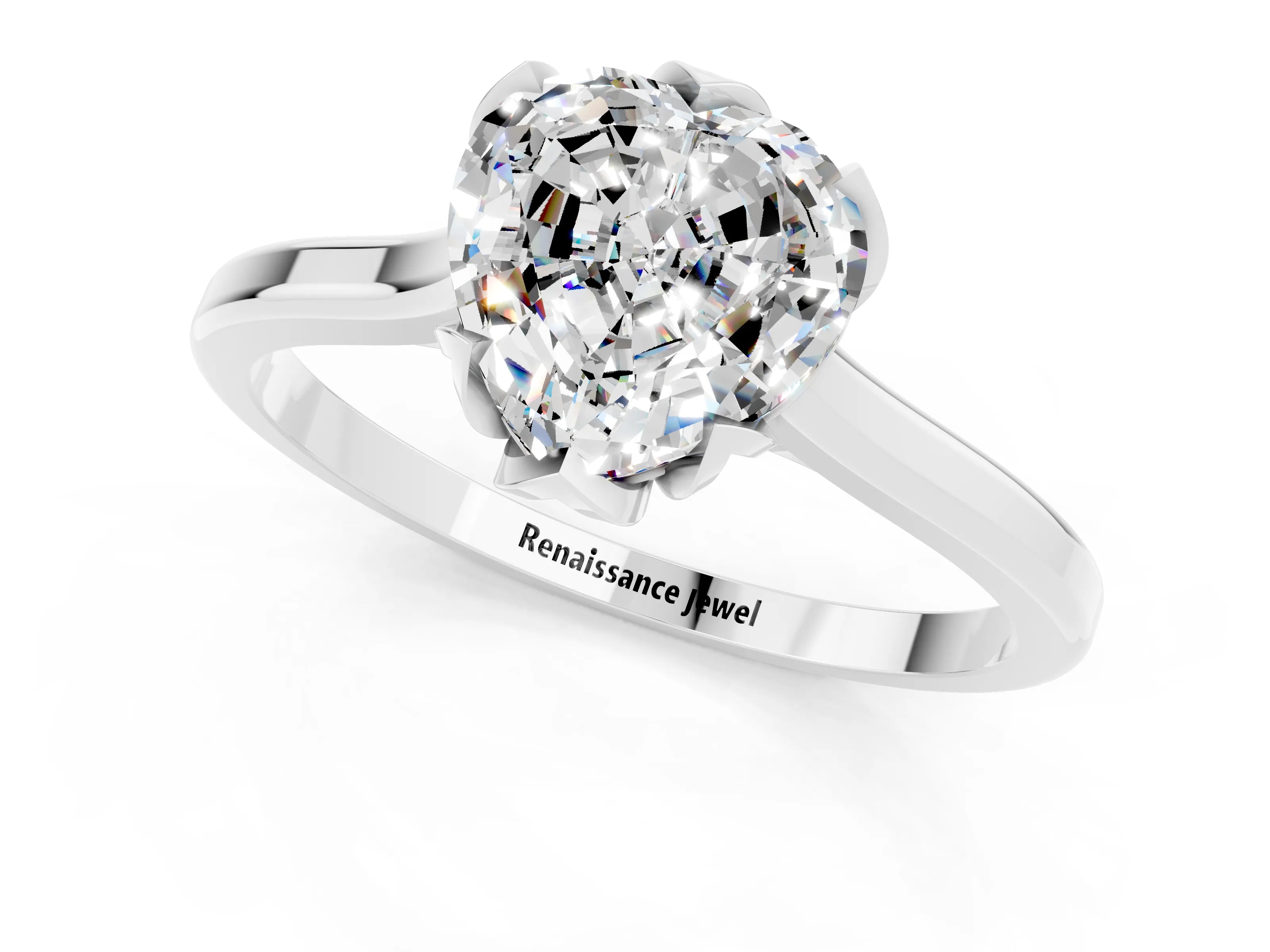 White gold Heart Cut Moissanite Solitaire Ring with Flower Prong Setting and Classic Band_25