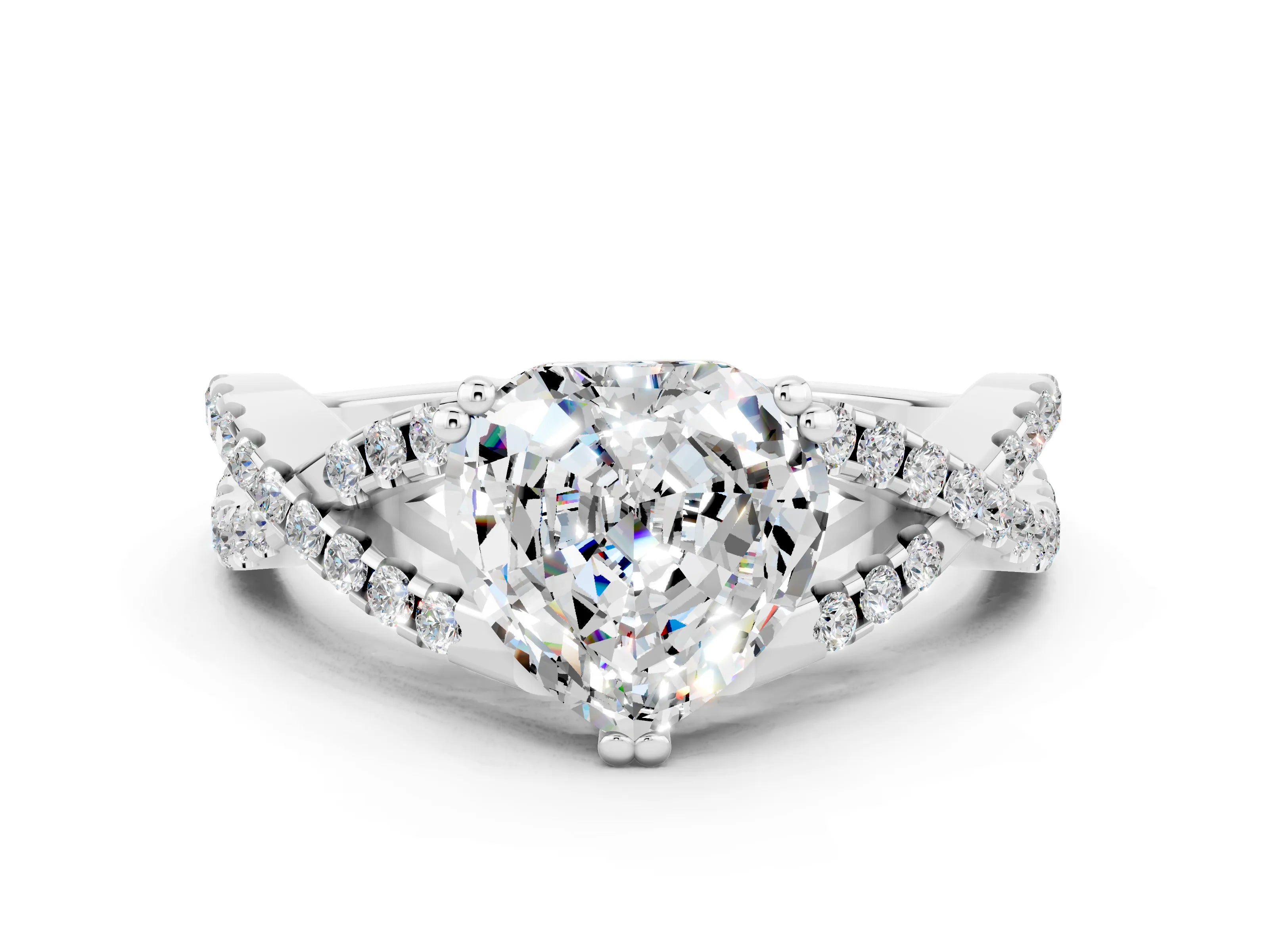 White gold Heart Cut Moissanite Solitaire Ring with Four-Prong Setting and Twisted Pavé Band