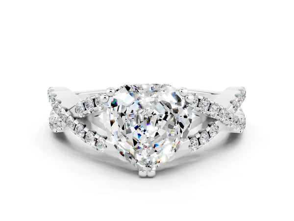 White gold Heart Cut Moissanite Solitaire Ring with Four-Prong Setting and Twisted Pavé Band