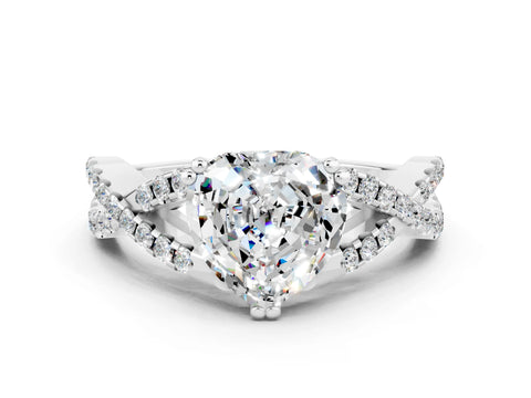 White gold Heart Cut Moissanite Solitaire Ring with Four-Prong Setting and Twisted Pavé Band