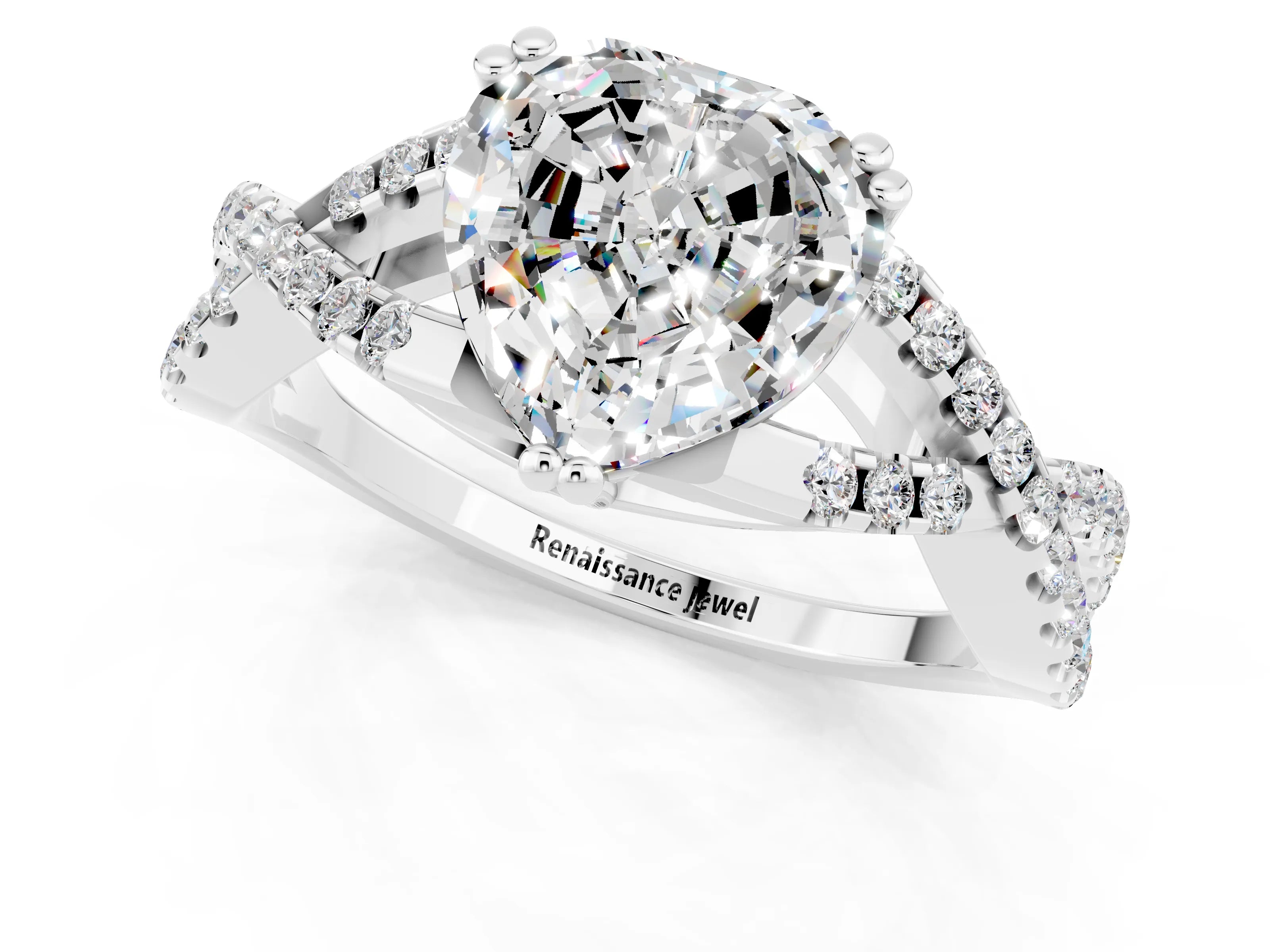 White gold Heart Cut Moissanite Solitaire Ring with Four-Prong Setting and Twisted Pavé Band_1
