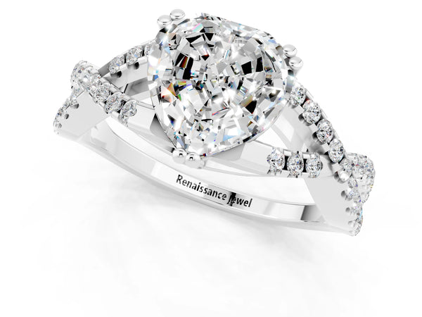White gold Heart Cut Moissanite Solitaire Ring with Four-Prong Setting and Twisted Pavé Band