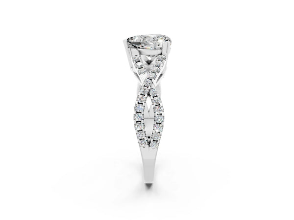 Silver Heart Cut Moissanite Solitaire Ring with Four-Prong Setting and Twisted Pavé Band