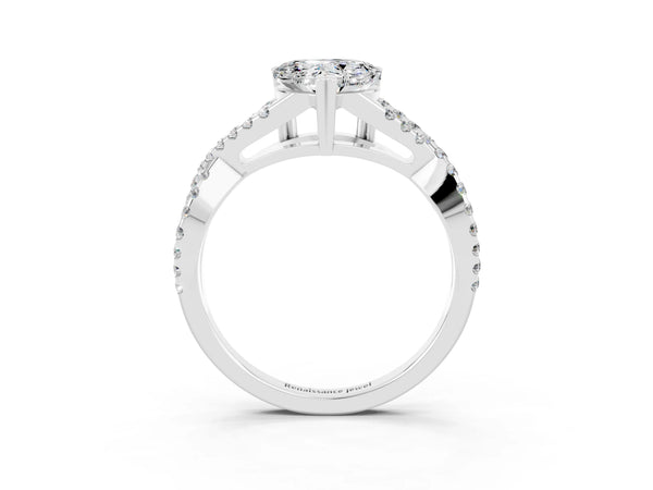 Silver Heart Cut Moissanite Solitaire Ring with Four-Prong Setting and Twisted Pavé Band