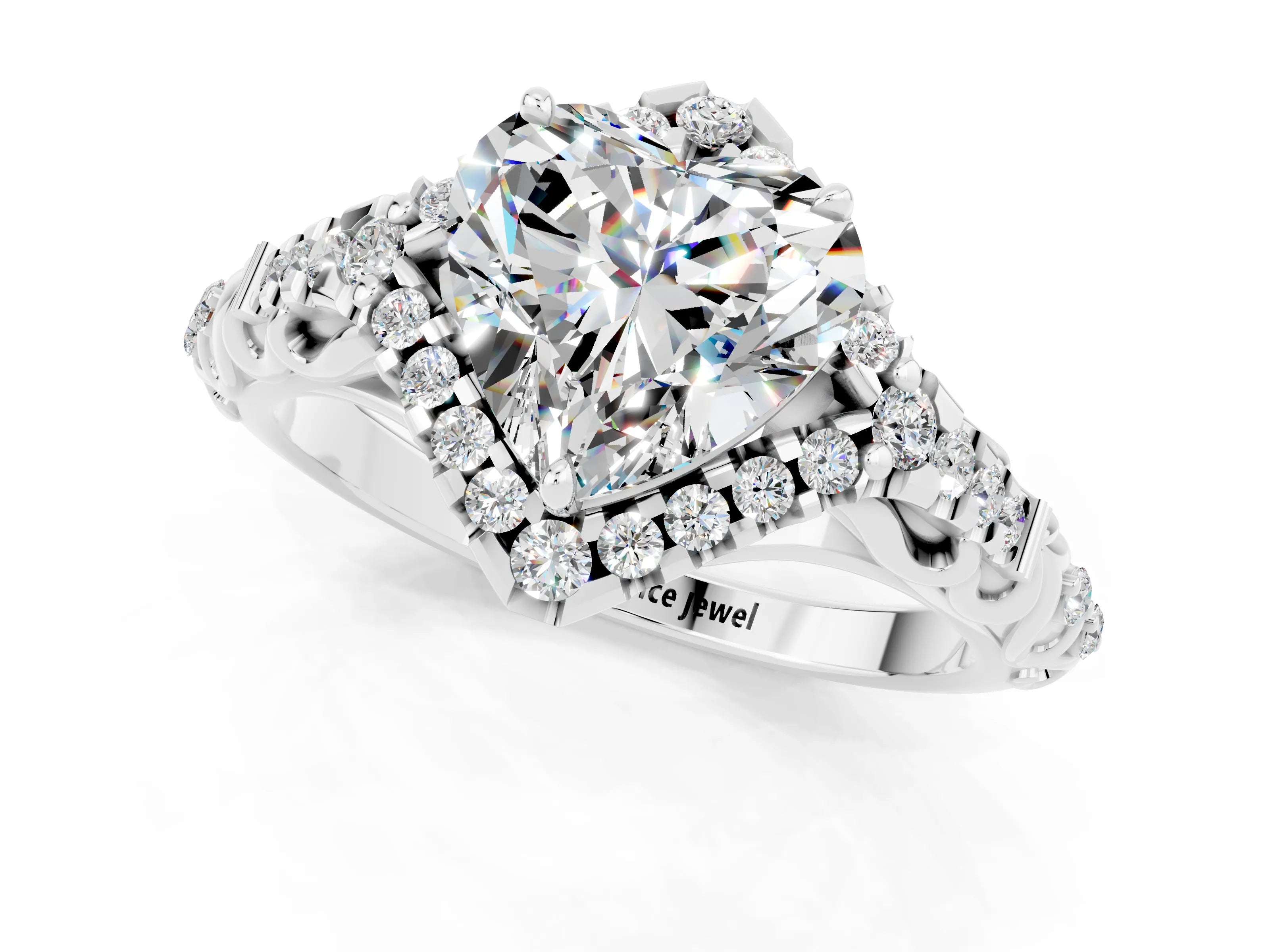 White gold Heart Cut Moissanite Solitaire Ring with Hidden Halo and Pavé Band_13