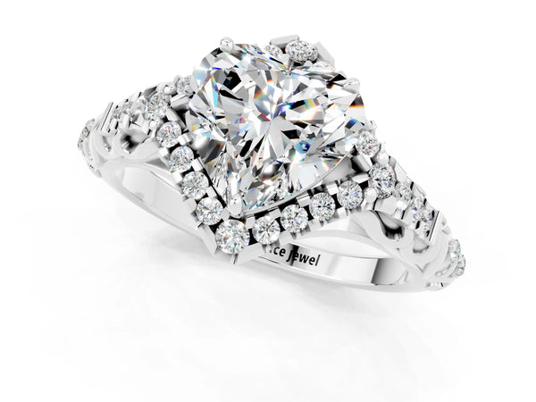 White gold Heart Cut Moissanite Solitaire Ring with Hidden Halo and Pavé Band