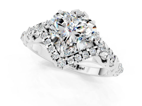 White gold Heart Cut Moissanite Solitaire Ring with Hidden Halo and Pavé Band_13