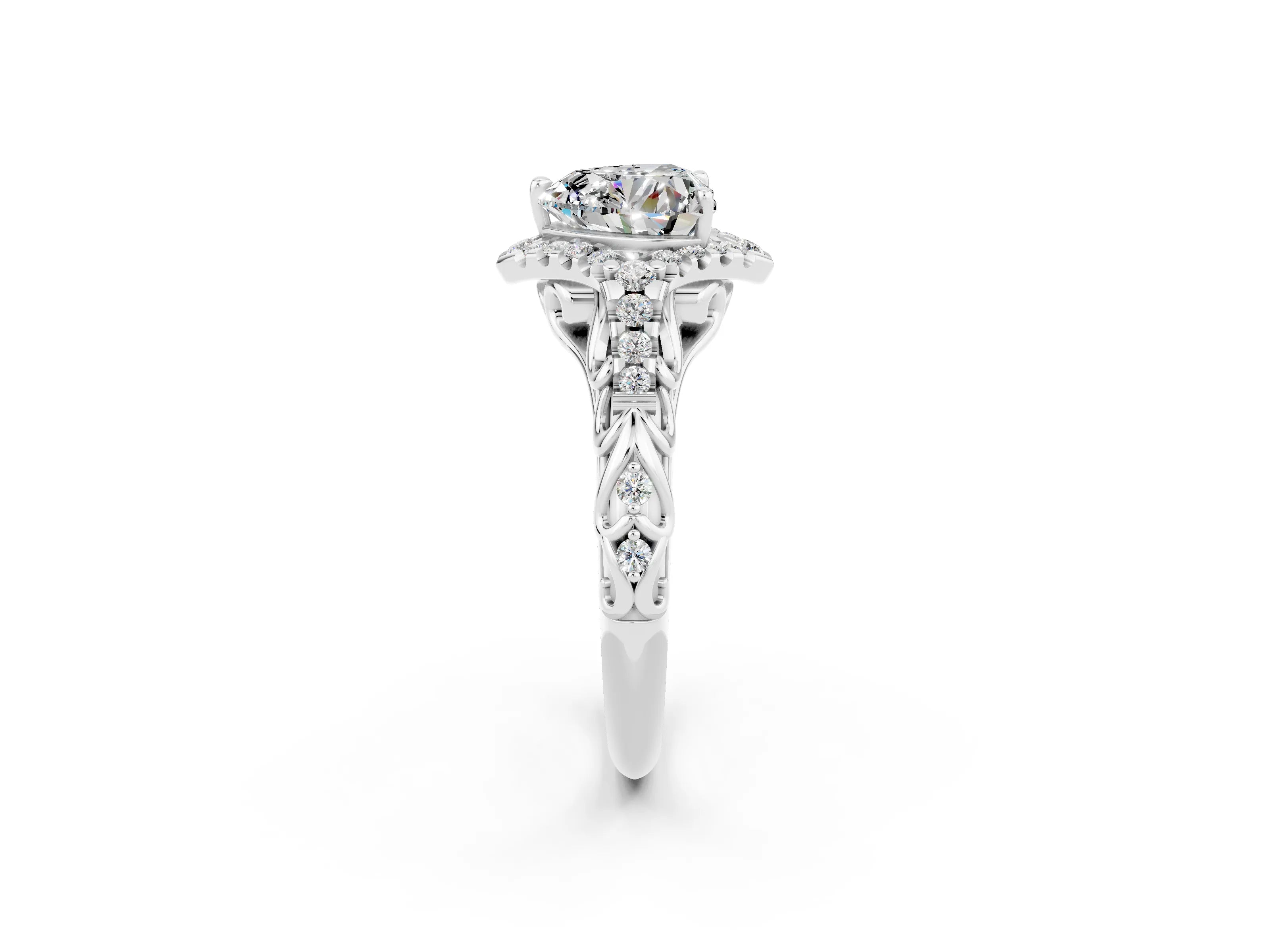 White gold Heart Cut Moissanite Solitaire Ring with Hidden Halo and Pavé Band_14