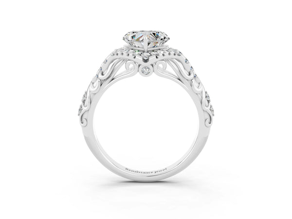 Platinum Heart Cut Moissanite Solitaire Ring with Hidden Halo and Pavé Band