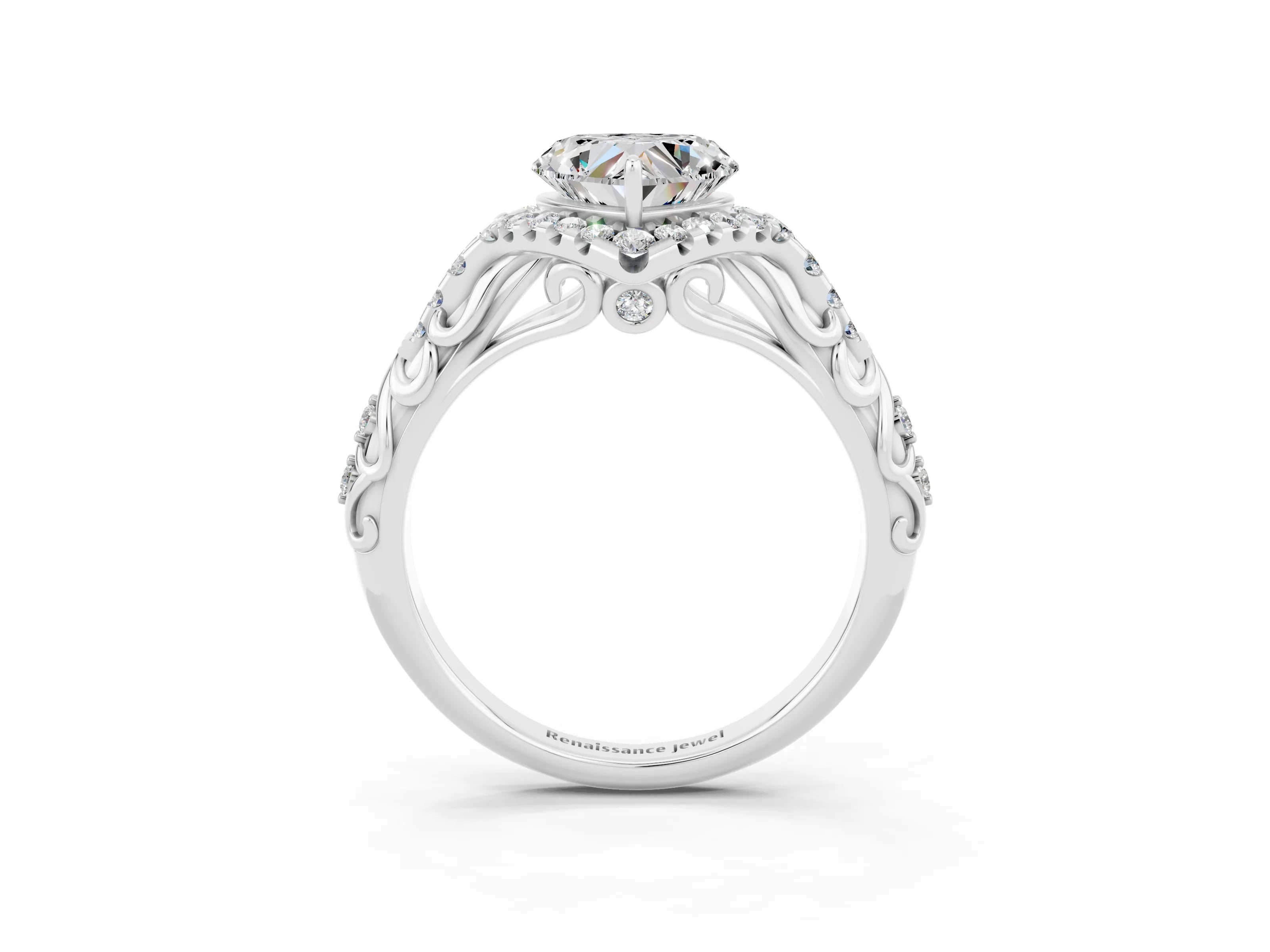 White gold Heart Cut Moissanite Solitaire Ring with Hidden Halo and Pavé Band_15