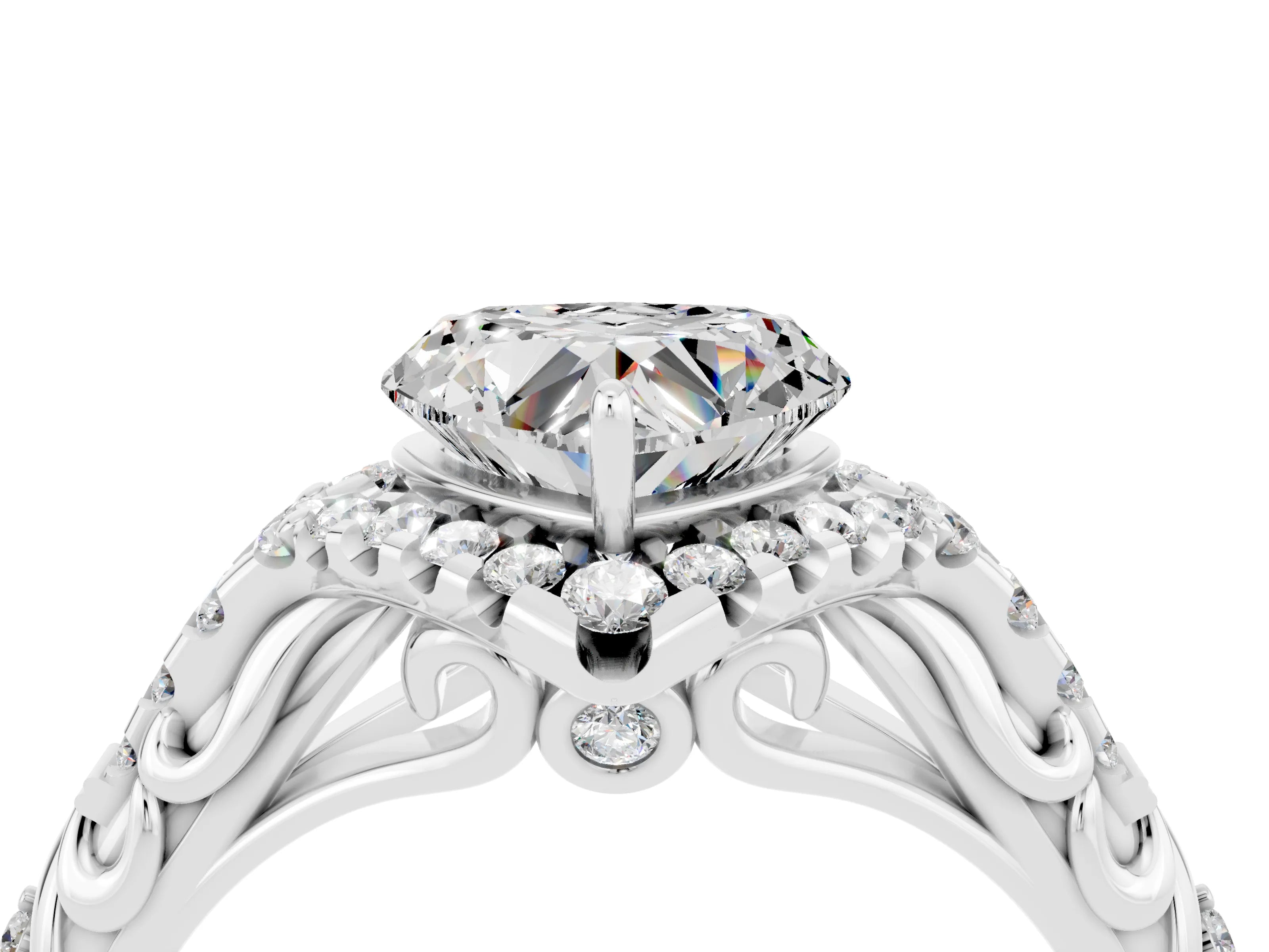 White gold Heart Cut Moissanite Solitaire Ring with Hidden Halo and Pavé Band_16