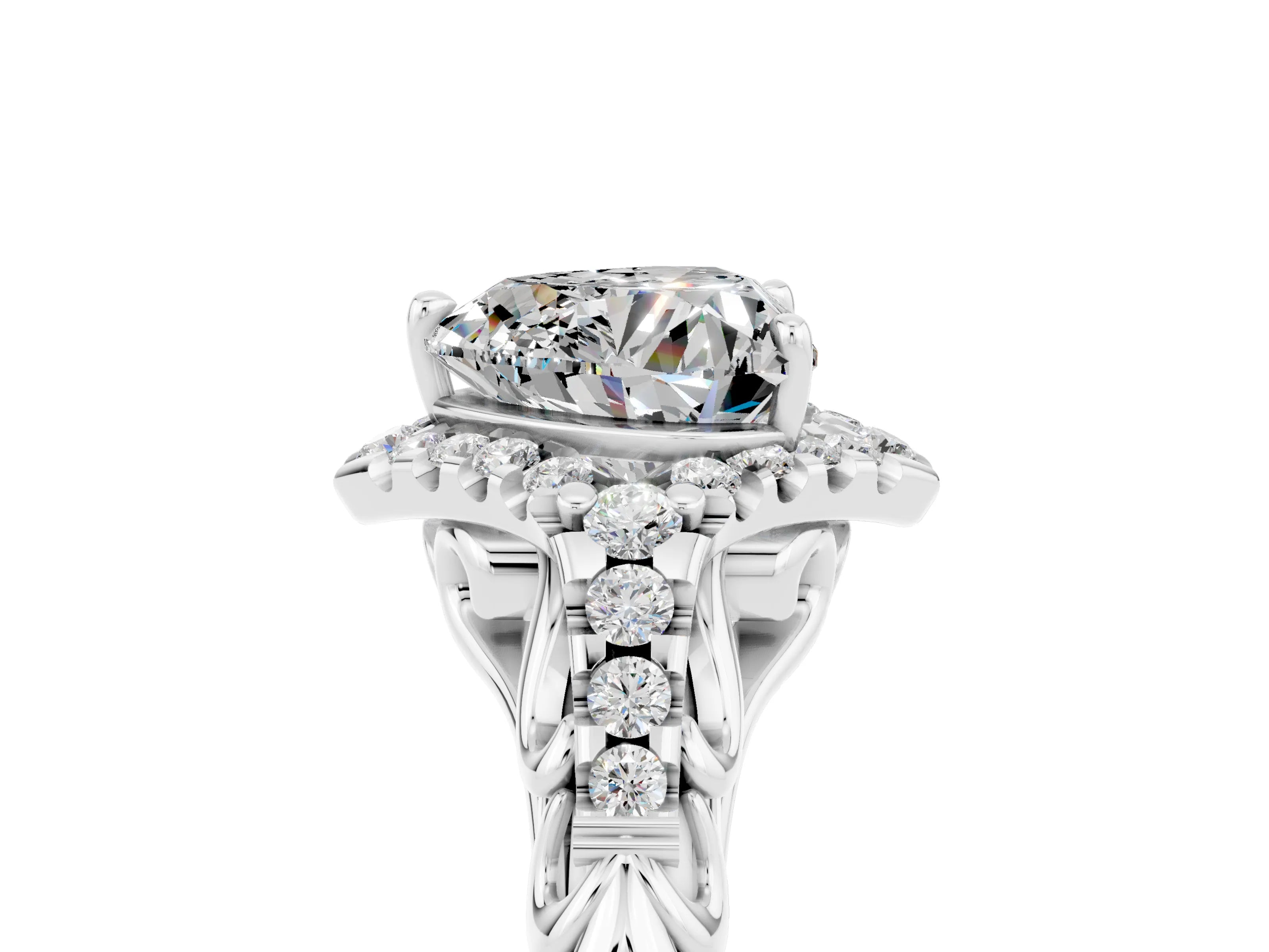 White gold Heart Cut Moissanite Solitaire Ring with Hidden Halo and Pavé Band_17