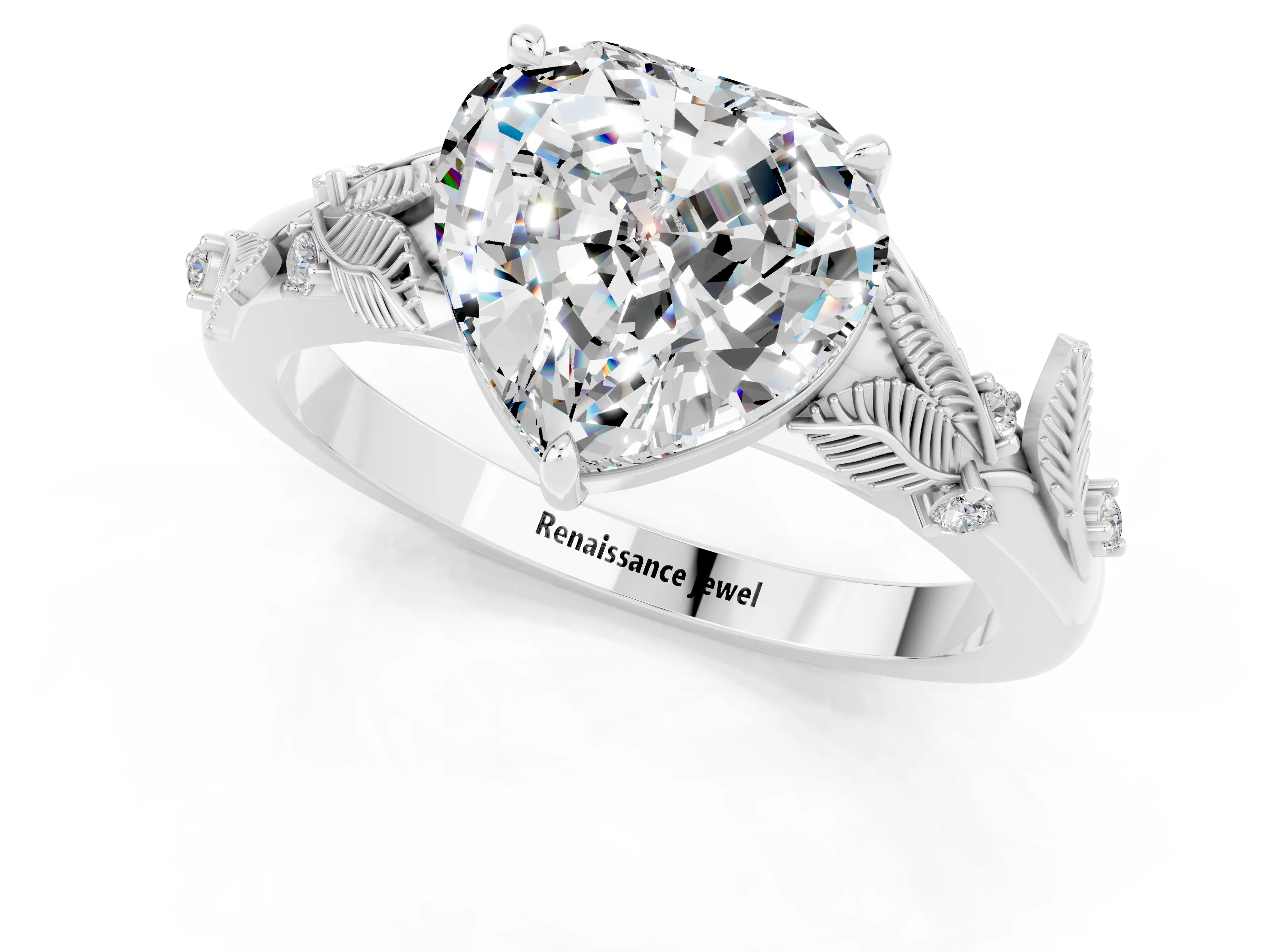 White gold Heart Cut Moissanite Solitaire Ring with Leaf Motif Band and Four-Prong Setting_1