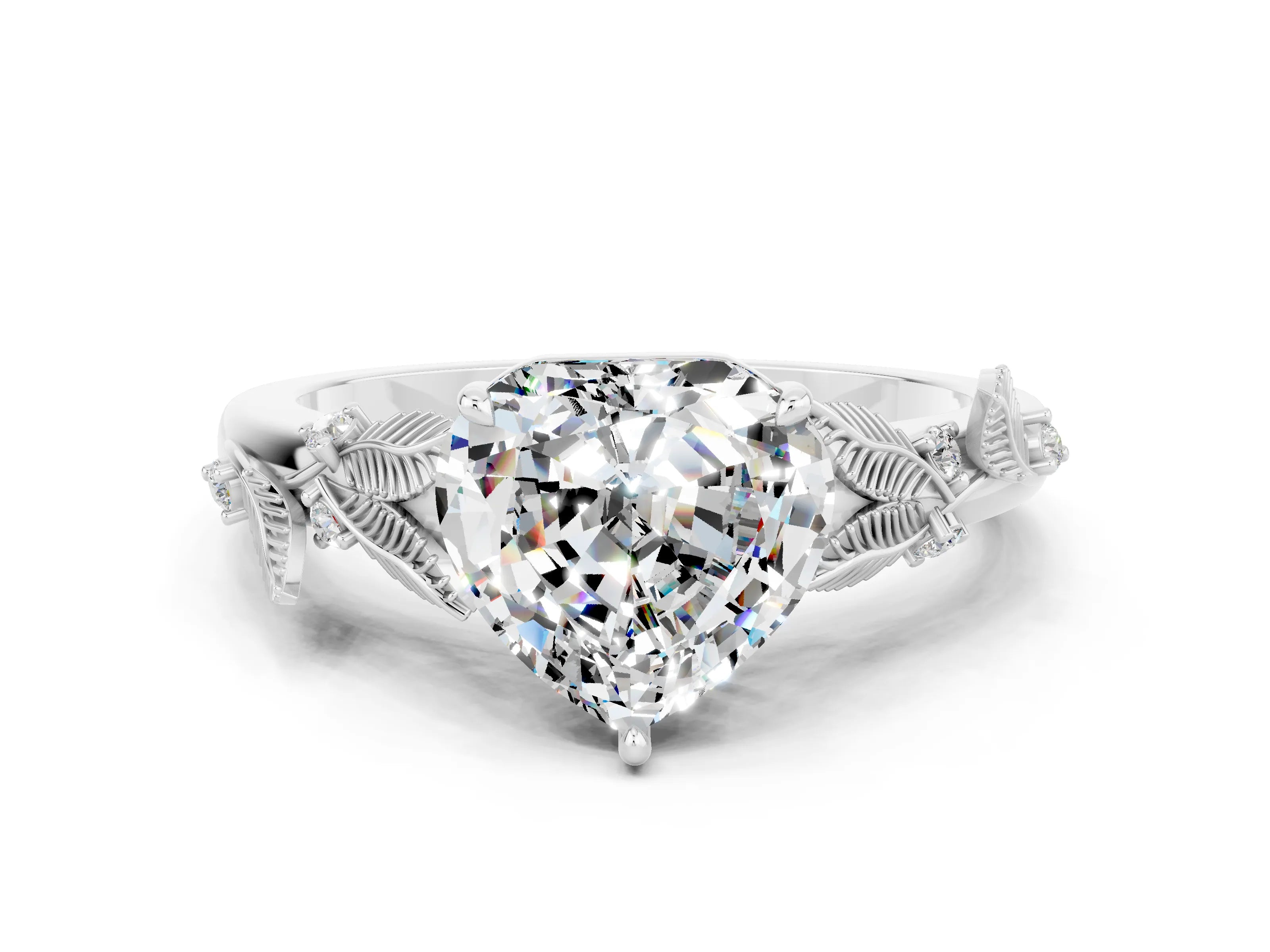 White gold Heart Cut Moissanite Solitaire Ring with Leaf Motif Band and Four-Prong Setting_12