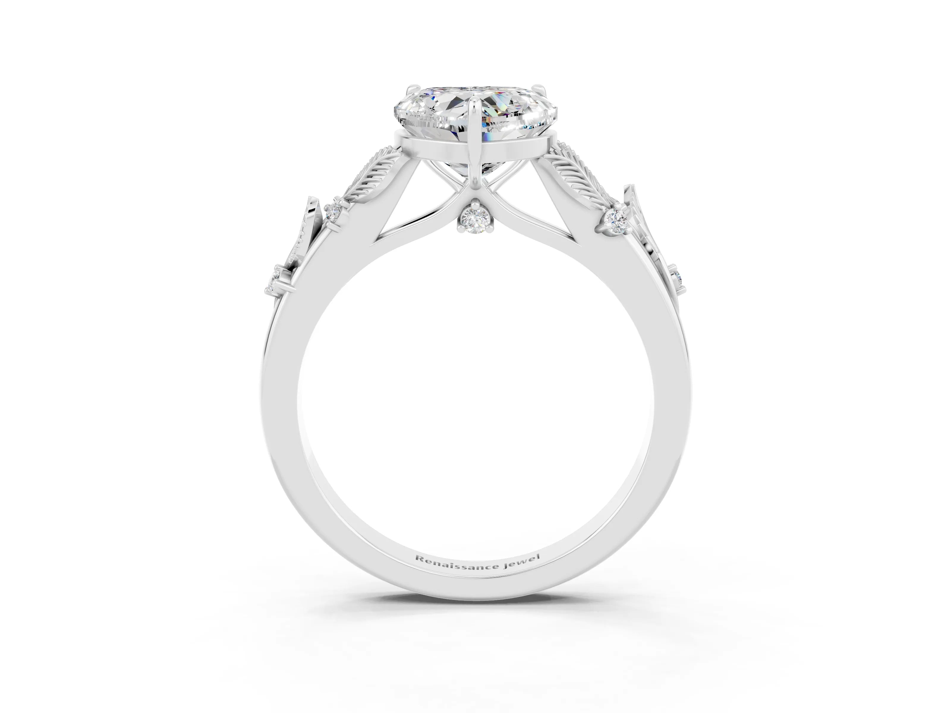 White gold Heart Cut Moissanite Solitaire Ring with Leaf Motif Band and Four-Prong Setting_15
