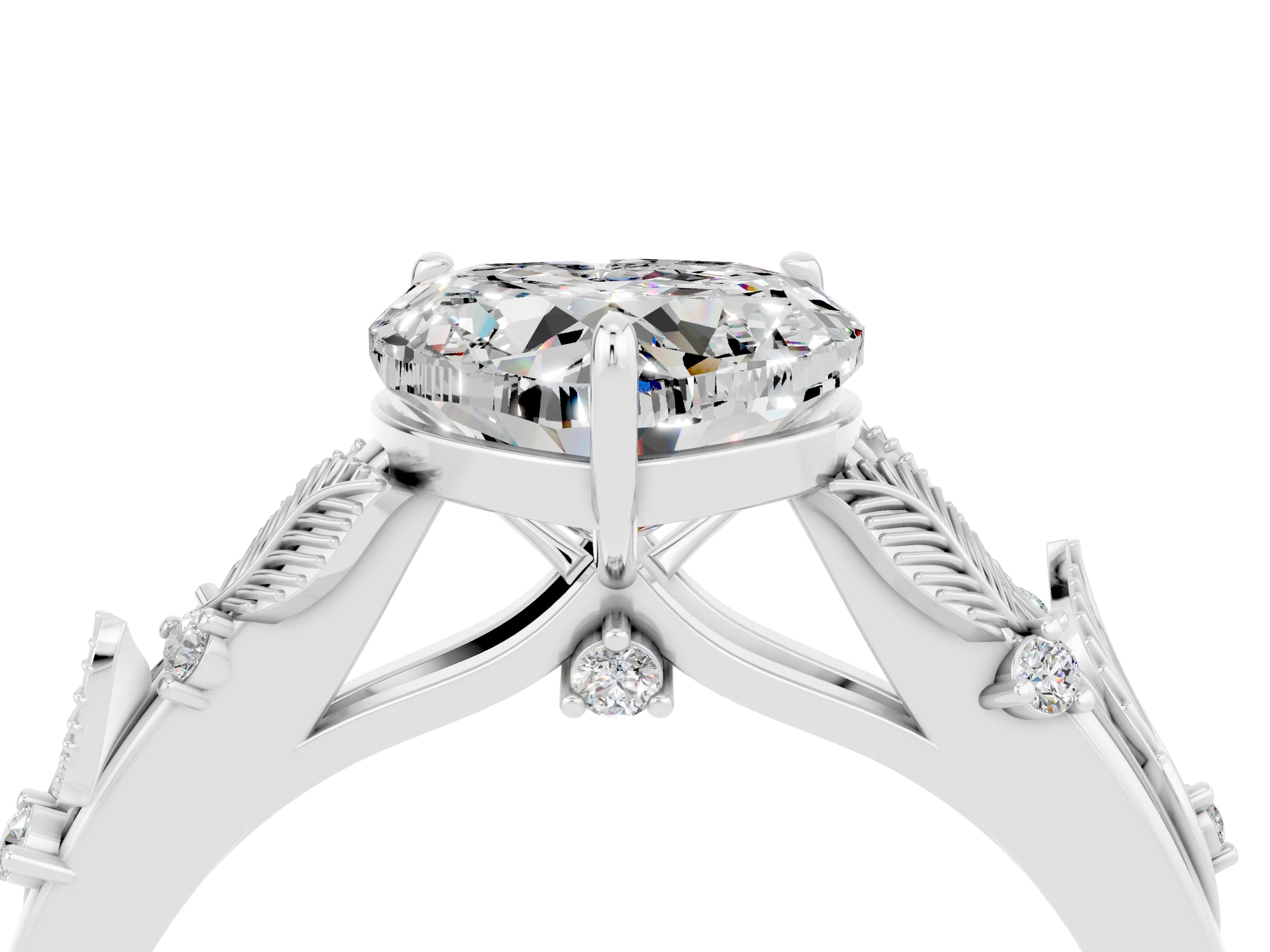 White gold Heart Cut Moissanite Solitaire Ring with Leaf Motif Band and Four-Prong Setting_16