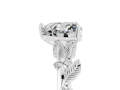 White gold Heart Cut Moissanite Solitaire Ring with Leaf Motif Band and Four-Prong Setting_17