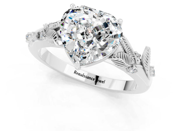 Silver Heart Cut Moissanite Solitaire Ring with Leaf Motif Band and Four-Prong Setting