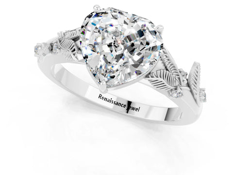 White gold Heart Cut Moissanite Solitaire Ring with Leaf Motif Band and Four-Prong Setting_1