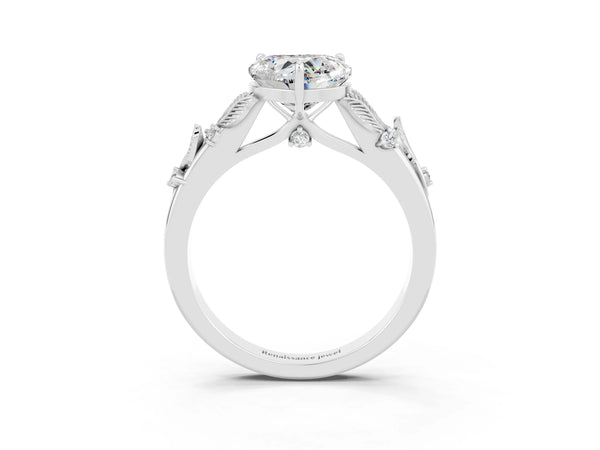 Platinum Heart Cut Moissanite Solitaire Ring with Leaf Motif Band and Four-Prong Setting