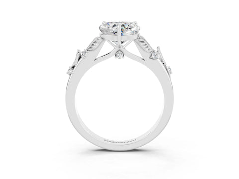 White gold Heart Cut Moissanite Solitaire Ring with Leaf Motif Band and Four-Prong Setting_3