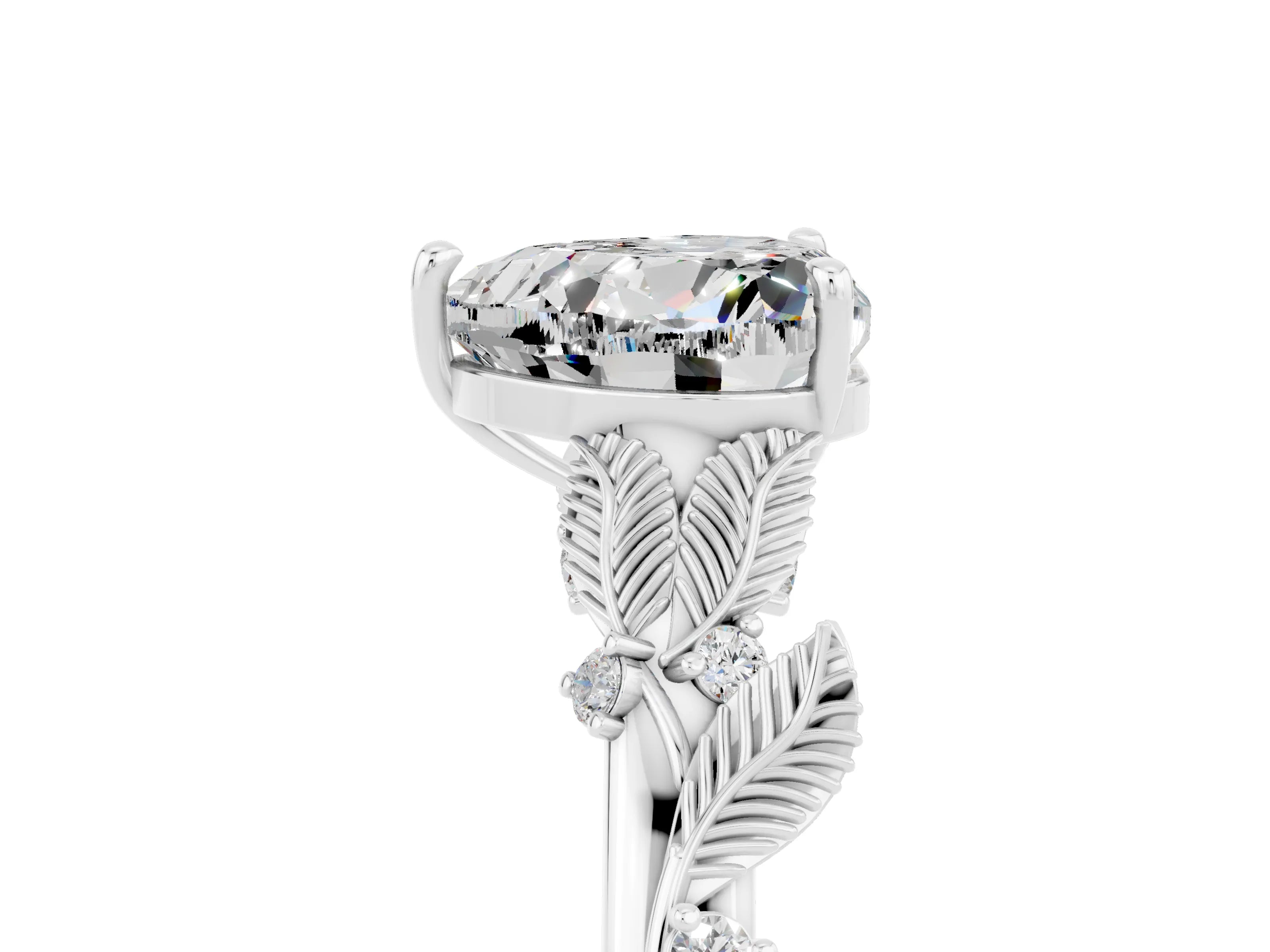 White gold Heart Cut Moissanite Solitaire Ring with Leaf Motif Band and Four-Prong Setting_5