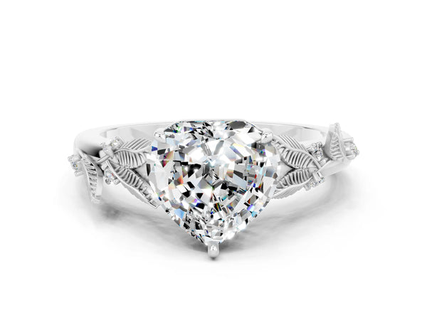 Silver Heart Cut Moissanite Solitaire Ring with Leaf Motif Band and Four-Prong Setting