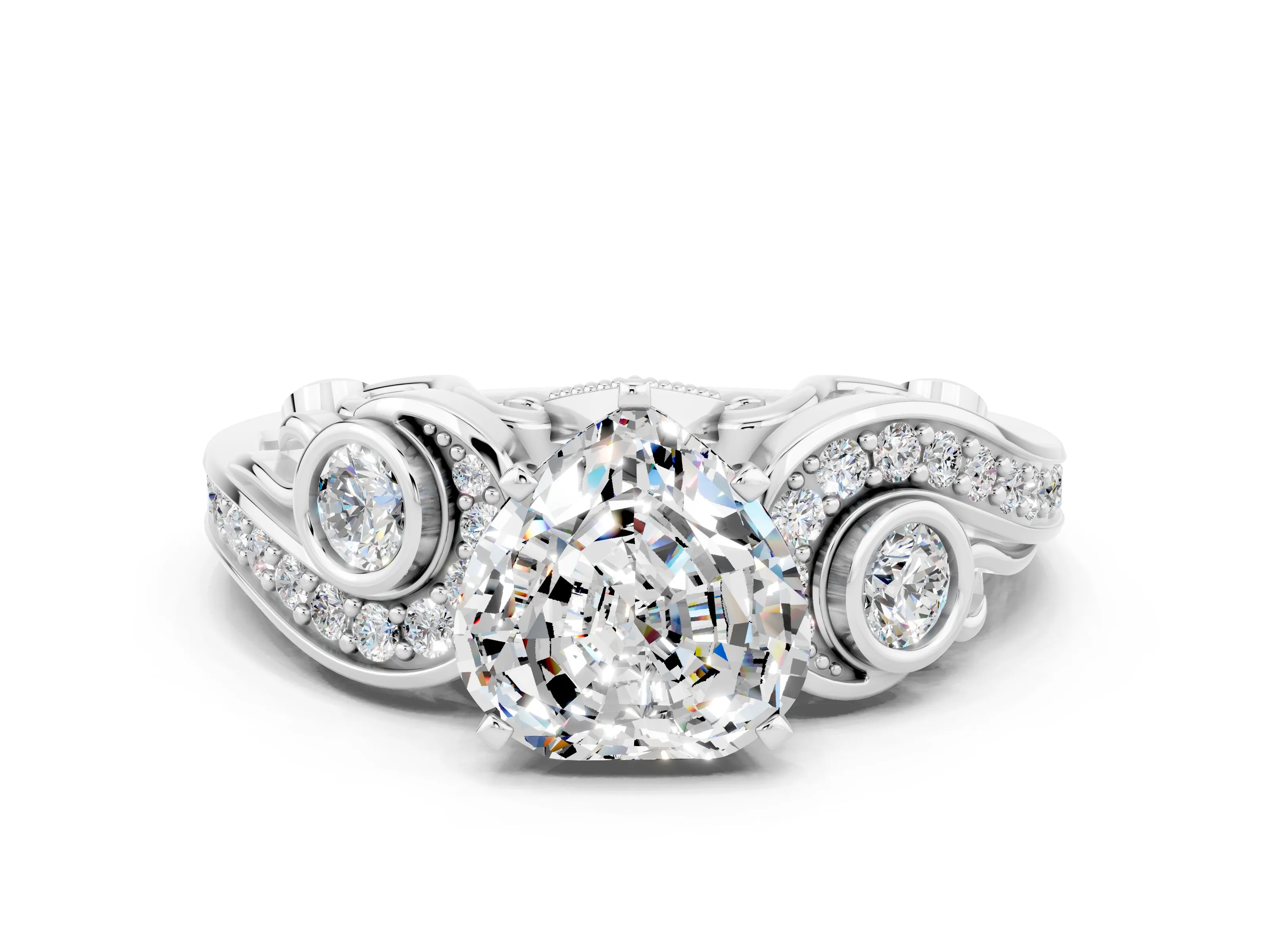 White gold Heart Cut Moissanite Solitaire Ring with Milgrain Pavé Band and Four-Prong Setting_12