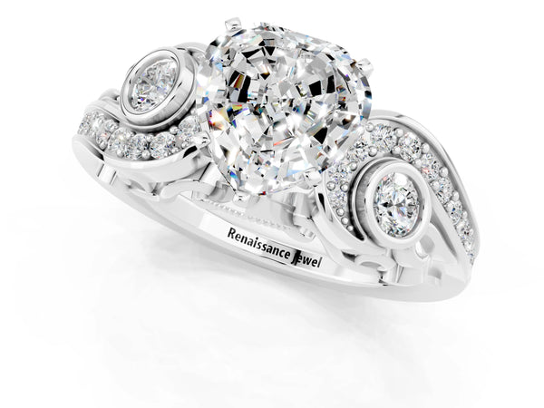 Platinum Heart Cut Moissanite Solitaire Ring with Milgrain Pavé Band and Four-Prong Setting