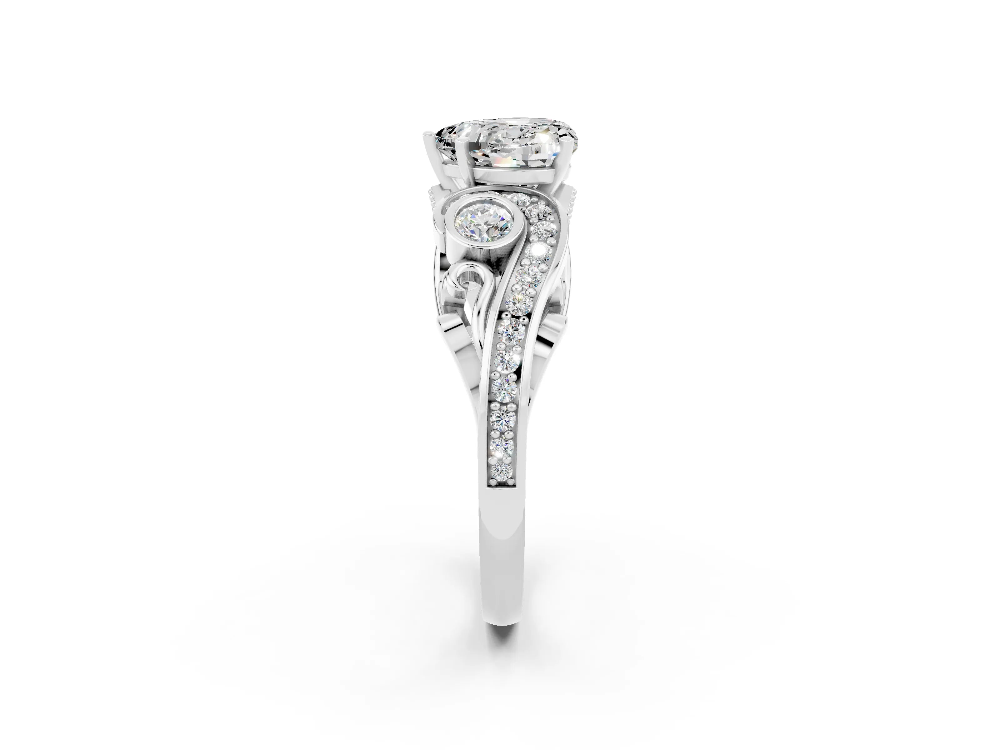 White gold Heart Cut Moissanite Solitaire Ring with Milgrain Pavé Band and Four-Prong Setting_14