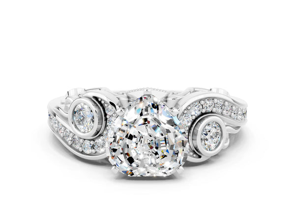 White gold Heart Cut Moissanite Solitaire Ring with Milgrain Pavé Band and Four-Prong Setting