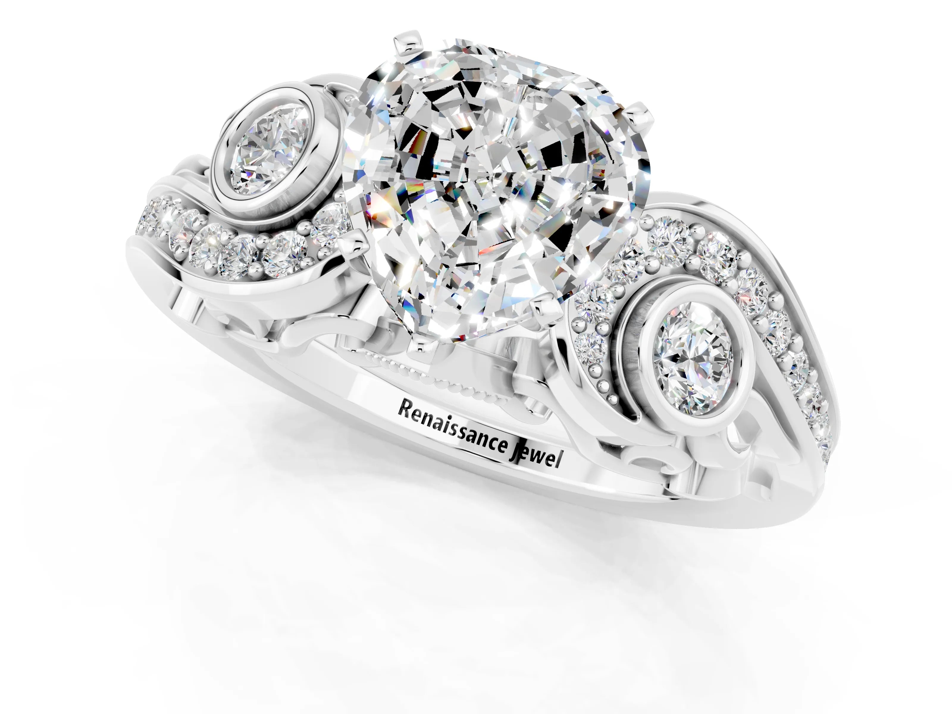White gold Heart Cut Moissanite Solitaire Ring with Milgrain Pavé Band and Four-Prong Setting_49
