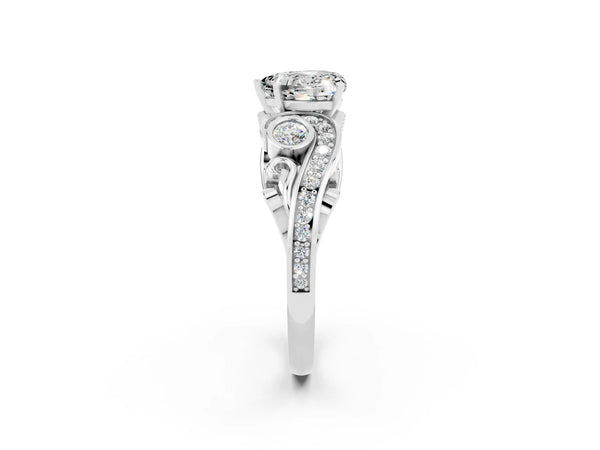 White gold Heart Cut Moissanite Solitaire Ring with Milgrain Pavé Band and Four-Prong Setting
