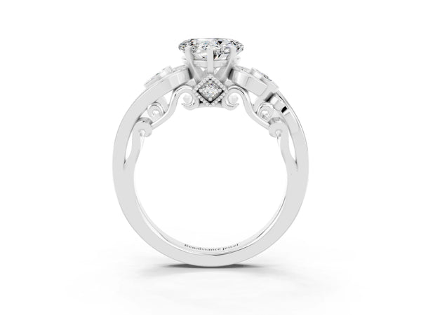 White gold Heart Cut Moissanite Solitaire Ring with Milgrain Pavé Band and Four-Prong Setting