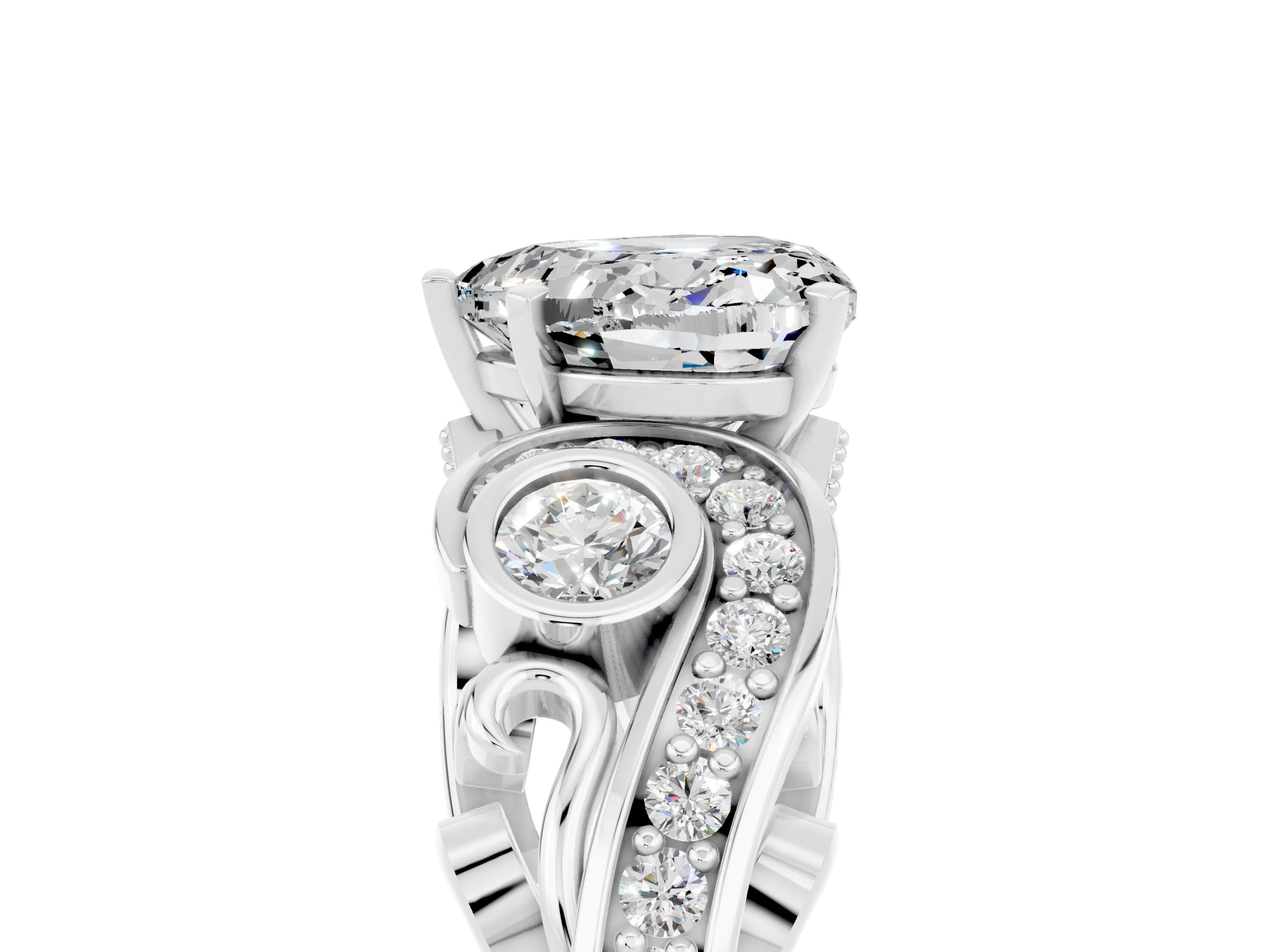 White gold Heart Cut Moissanite Solitaire Ring with Milgrain Pavé Band and Four-Prong Setting_53